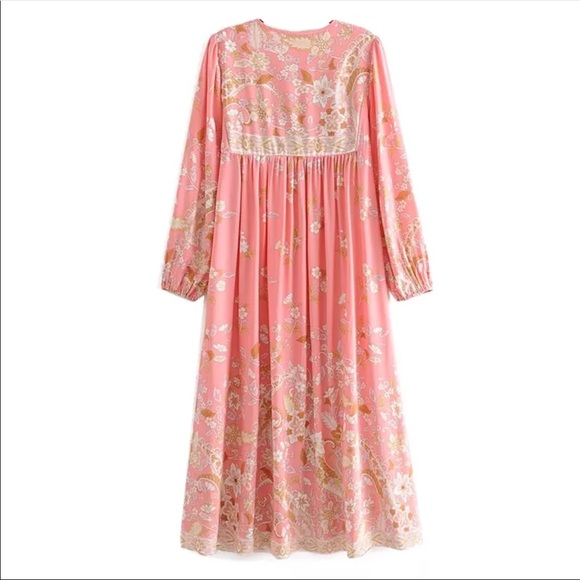 Boho Gypsy Hendrix Floral Pink Peasant Dress Gown hippie free spirit bohemian L - Picture 5 of 14